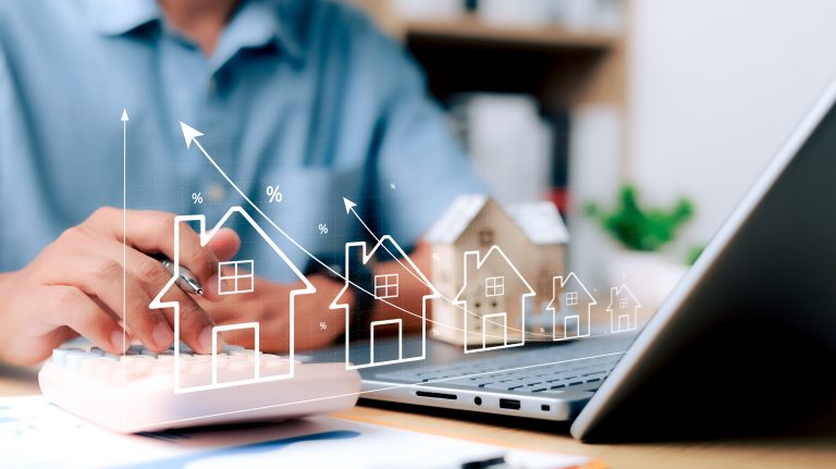 Real estate investment concept. Applying for a home loan, buying, selling,  developing the real estate market, creating stability in life, renting real estate, assessing the performance and value of the property.